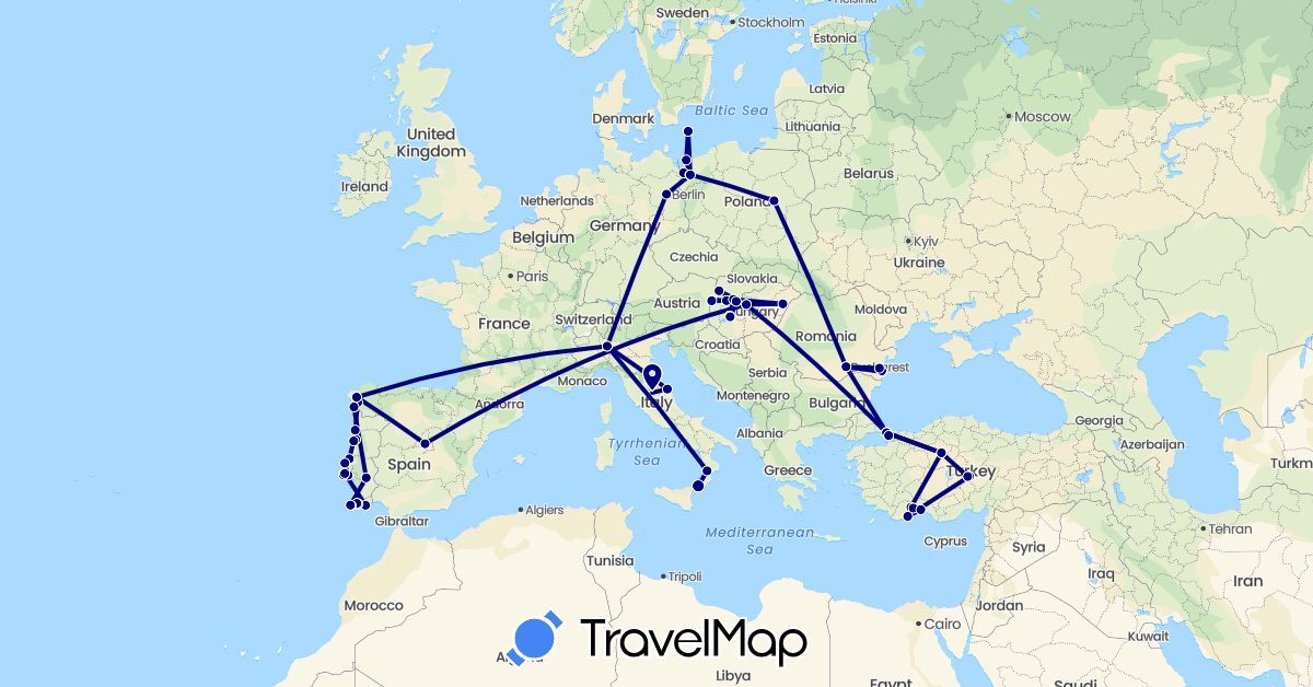 TravelMap itinerary: driving in Germany, Denmark, Spain, Hungary, Italy, Poland, Portugal, Romania, Slovakia, Turkey (Asia, Europe)